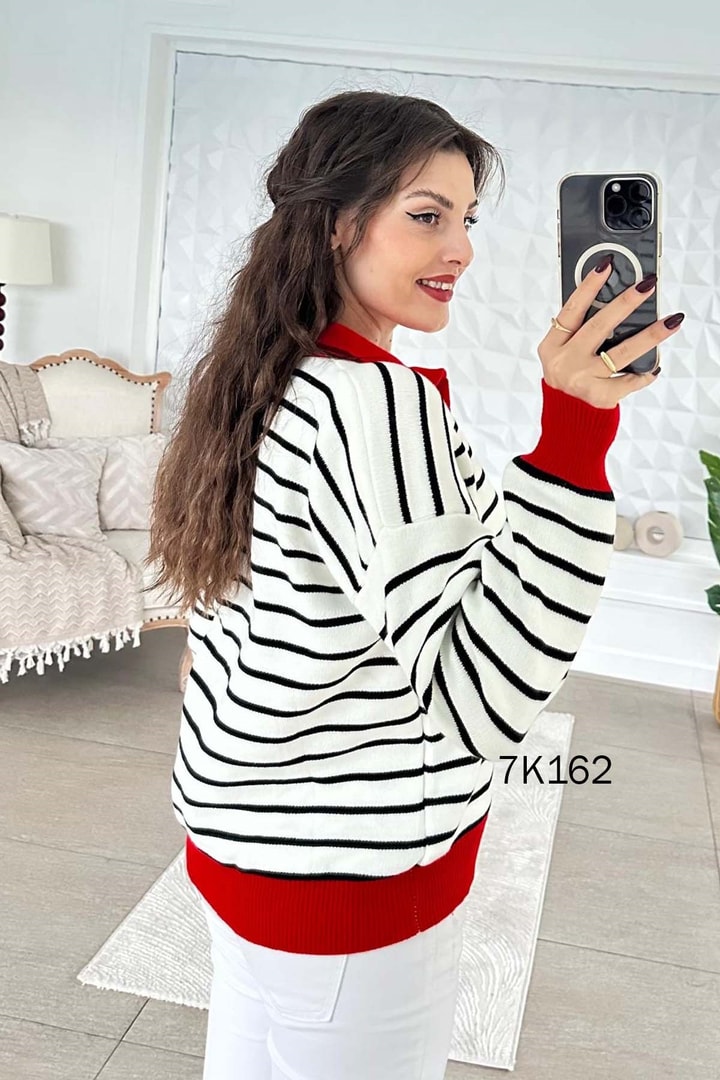 Polo Yaka Çizgili Triko Bluz