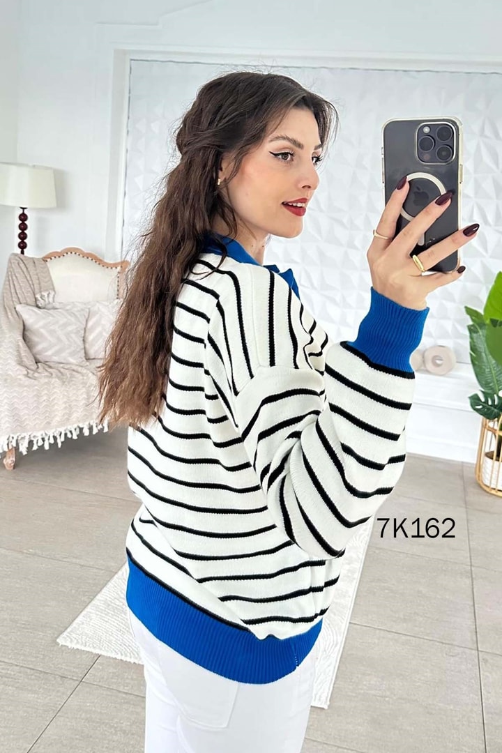 Polo Yaka Çizgili Triko Bluz