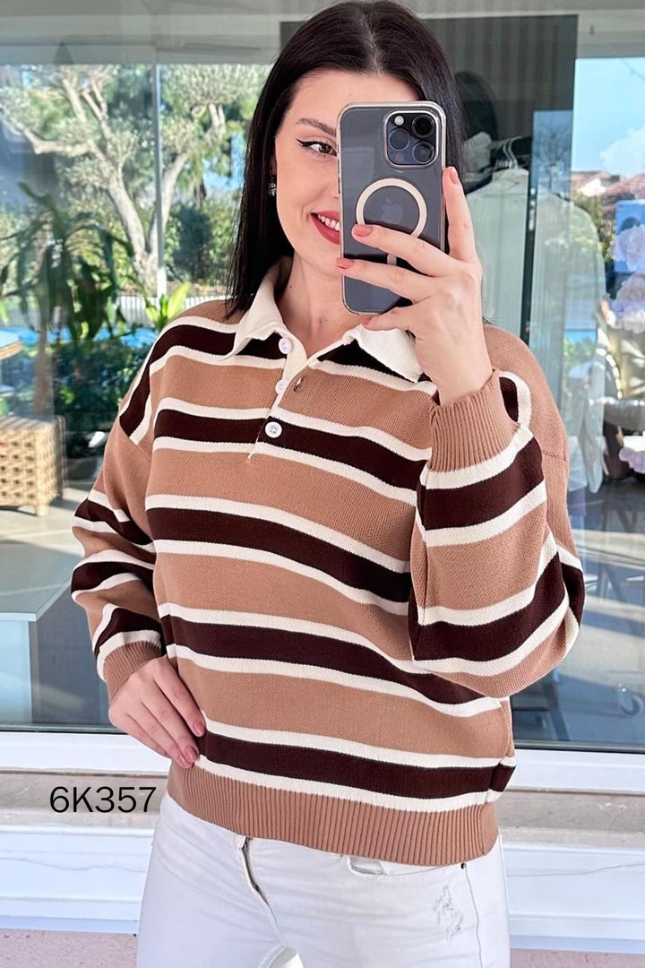 Polo Yaka Çizgili Triko Bluz