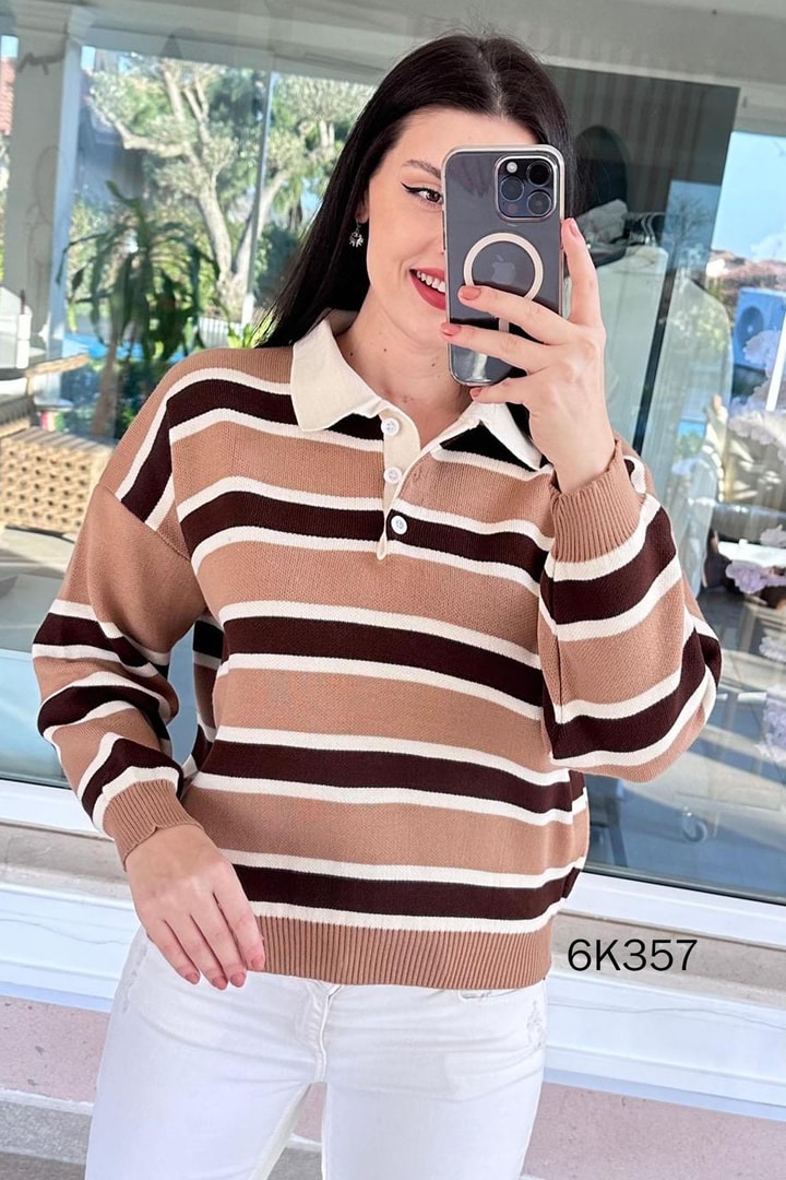 Polo Yaka Çizgili Triko Bluz