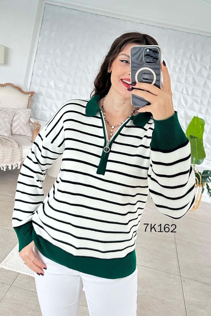 Polo Yaka Çizgili Triko Bluz