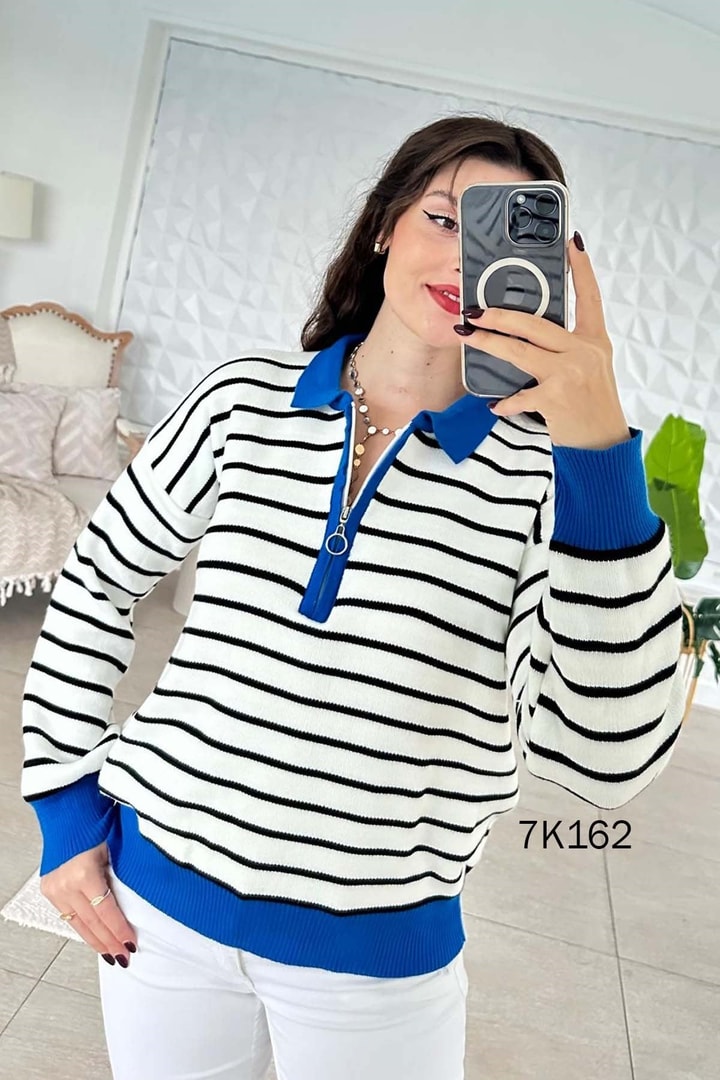 Polo Yaka Çizgili Triko Bluz