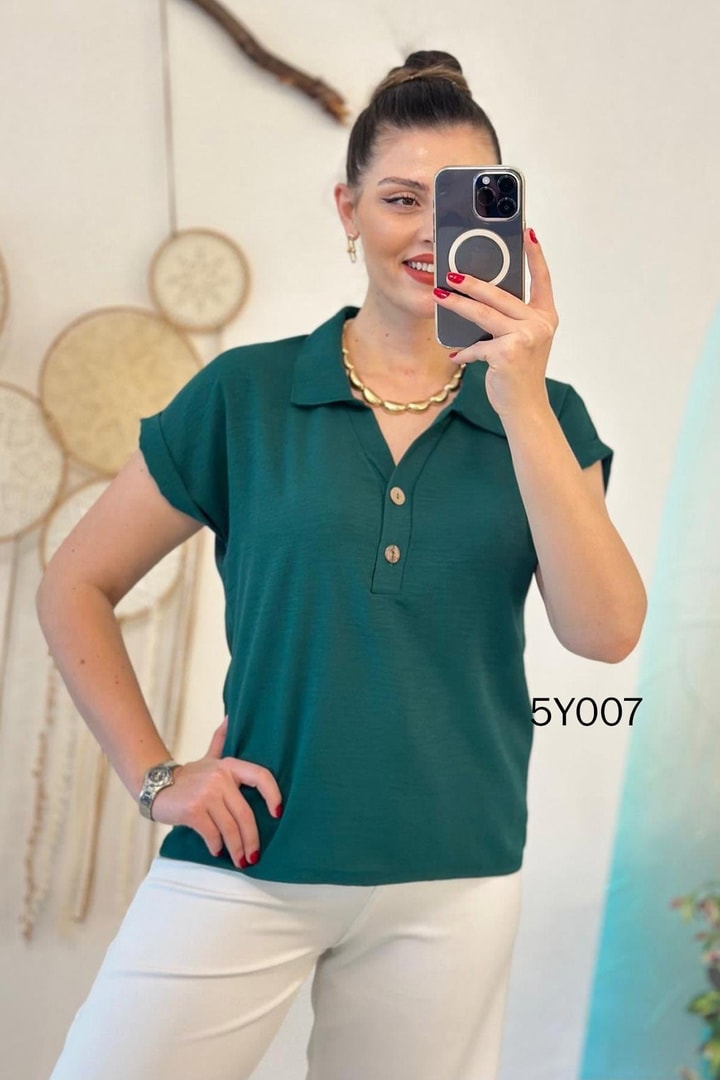 Polo Yaka Düğmeli Aerobin Bluz