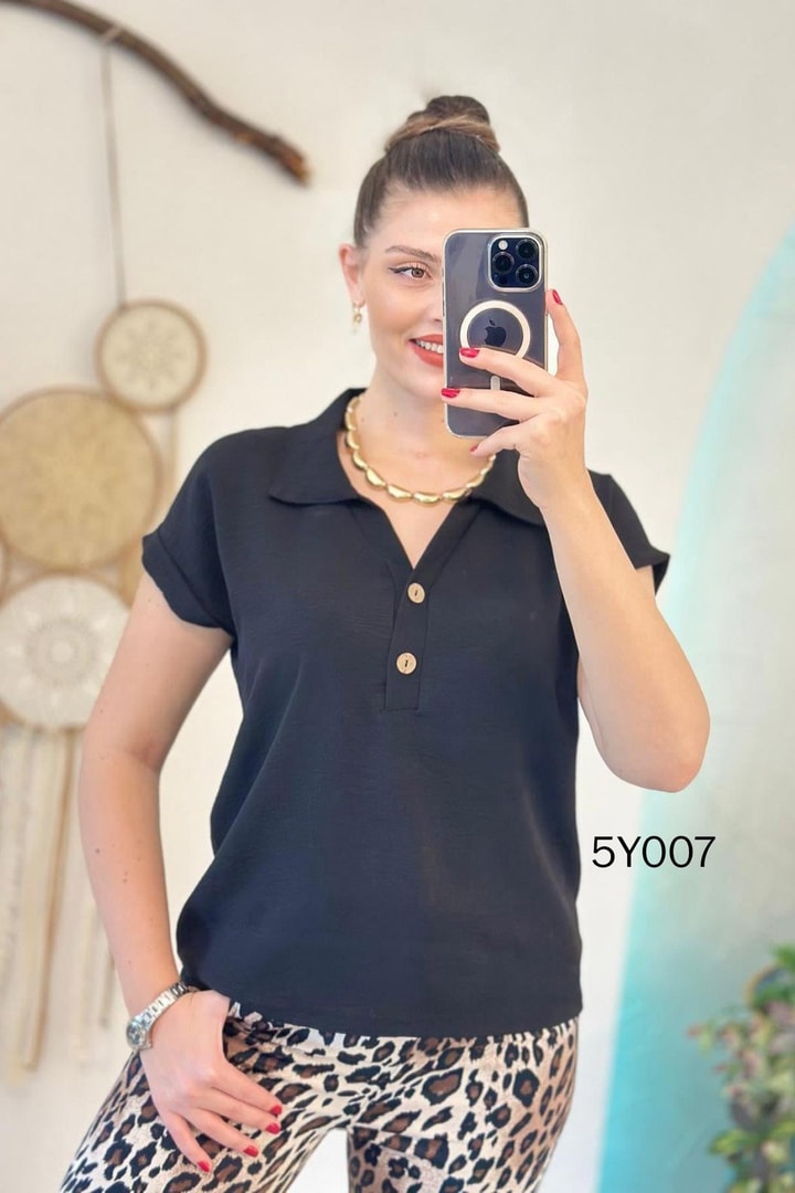 Polo Yaka Düğmeli Aerobin Bluz