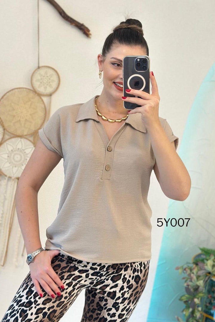 Polo Yaka Düğmeli Aerobin Bluz
