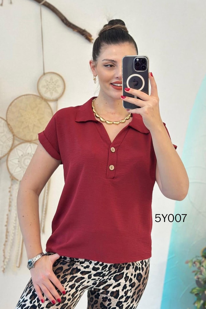 Polo Yaka Düğmeli Aerobin Bluz