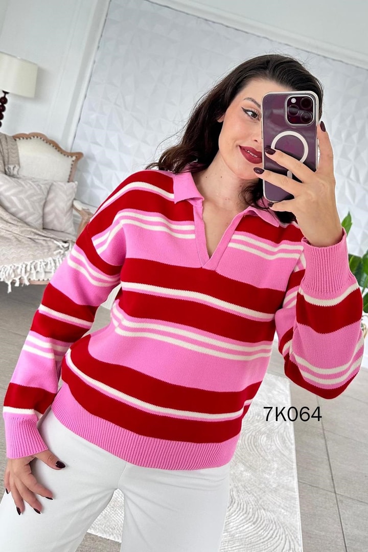 Polo Yaka Kalın Çizgili Triko Bluz