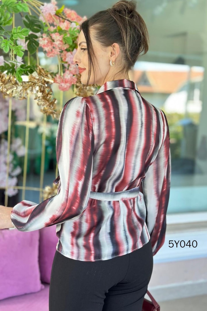 Polo Yaka Yandan Bağlamalı Saten Bluz