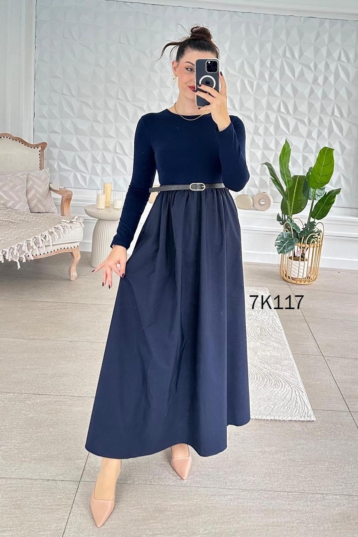 Poplin Garnili Kemerli Modal Elbise