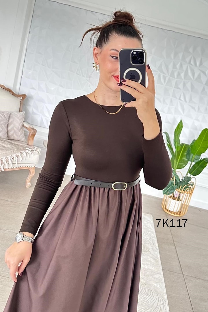 Poplin Garnili Kemerli Modal Elbise