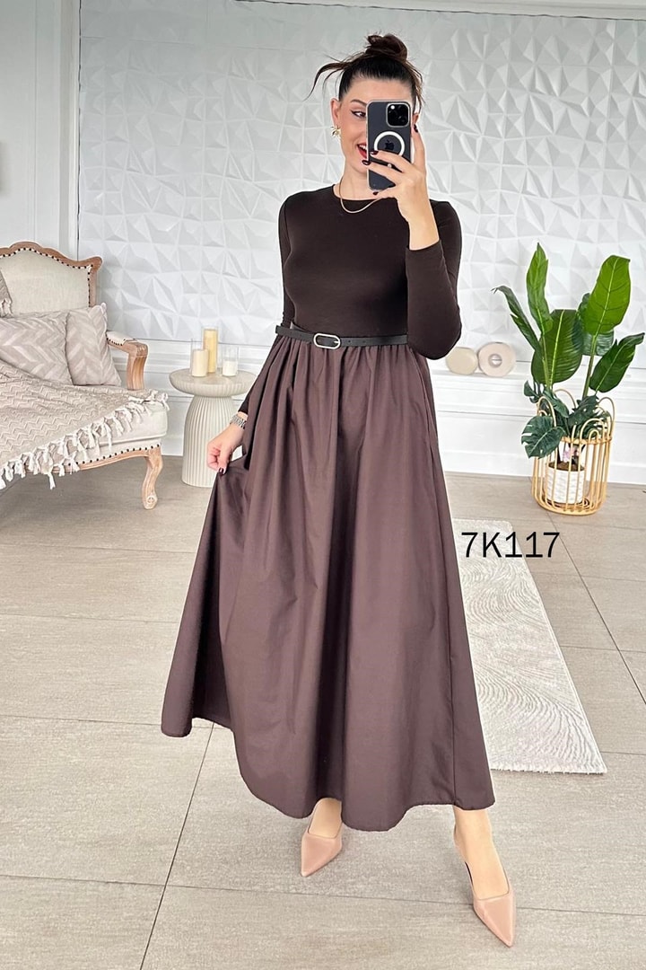 Poplin Garnili Kemerli Modal Elbise