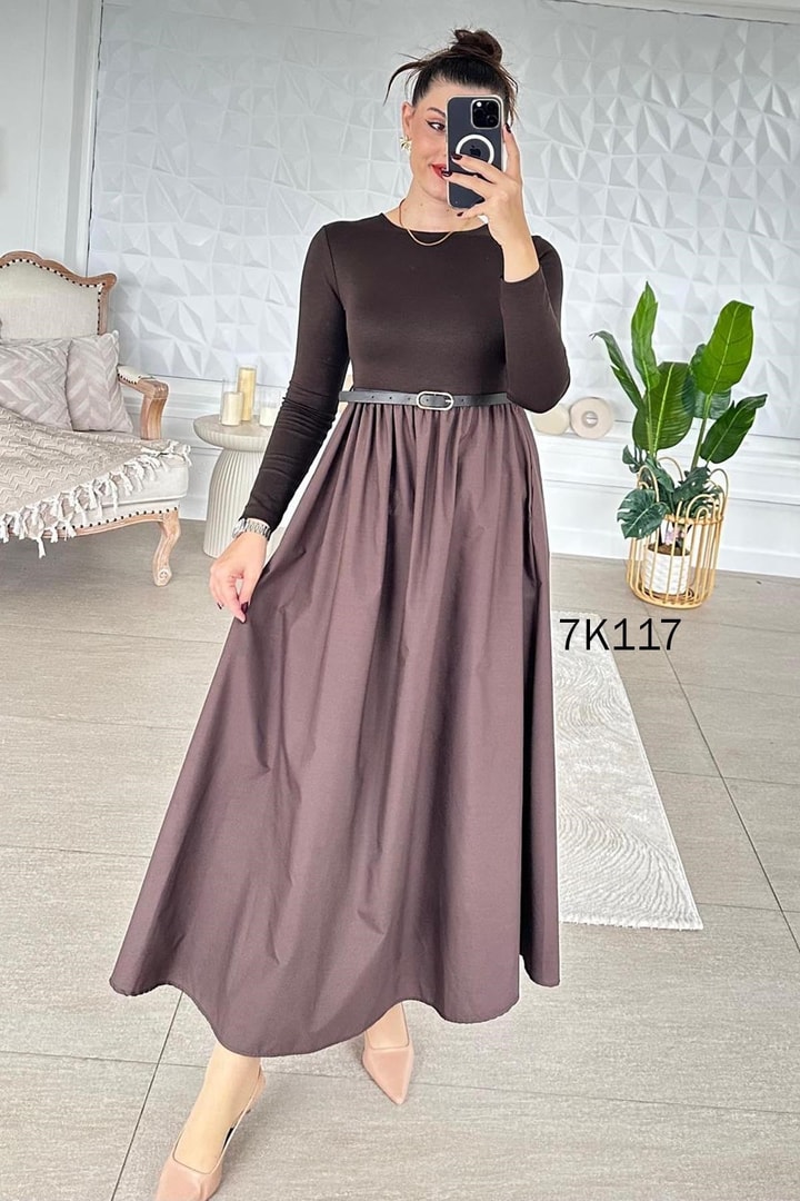 Poplin Garnili Kemerli Modal Elbise