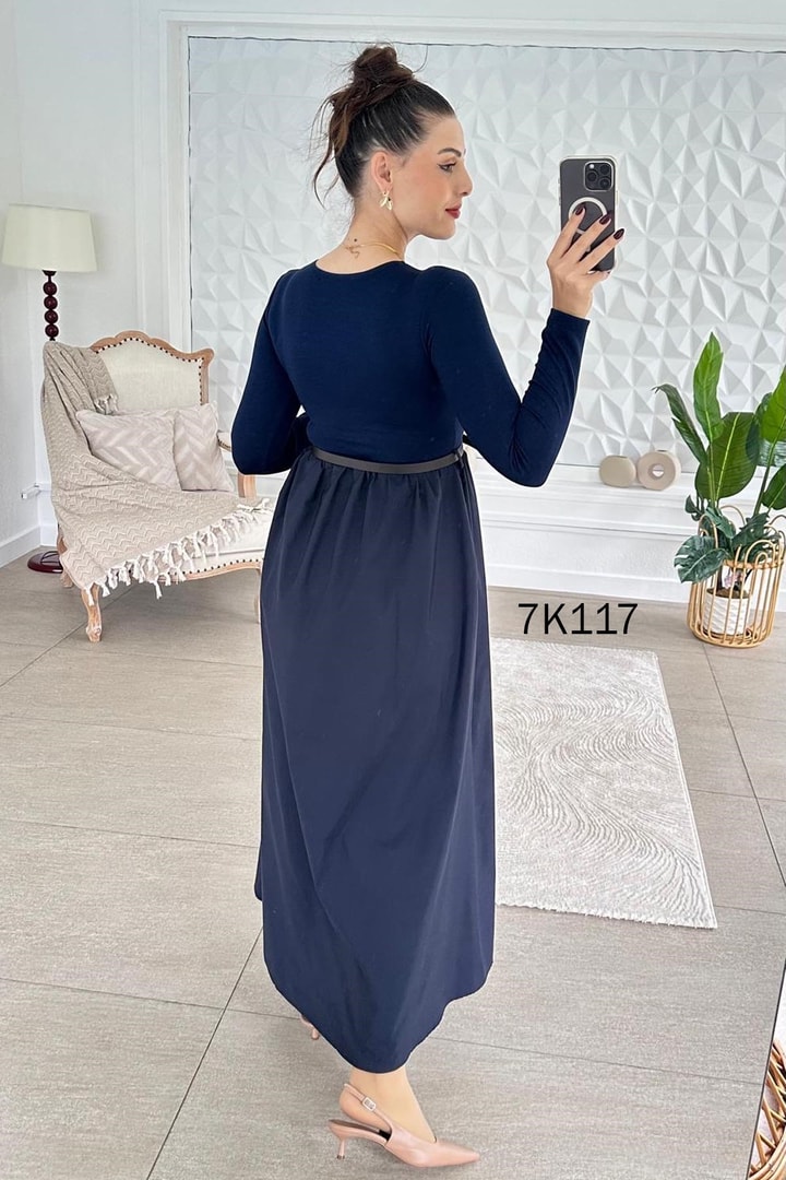 Poplin Garnili Kemerli Modal Elbise
