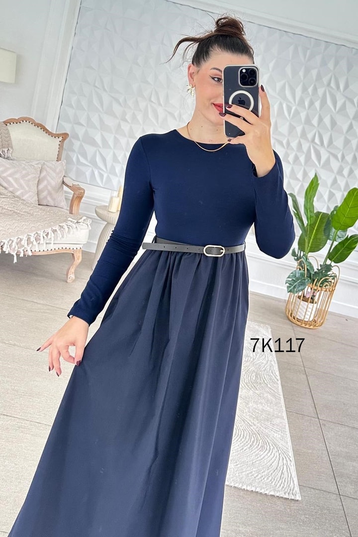 Poplin Garnili Kemerli Modal Elbise