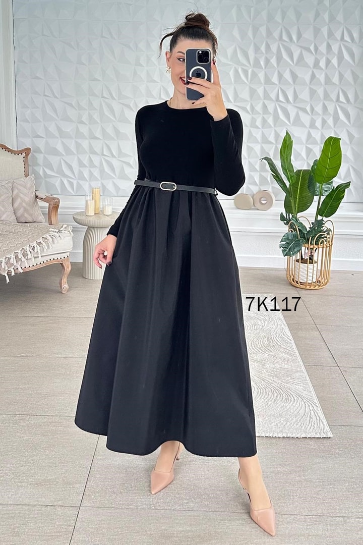 Poplin Garnili Kemerli Modal Elbise