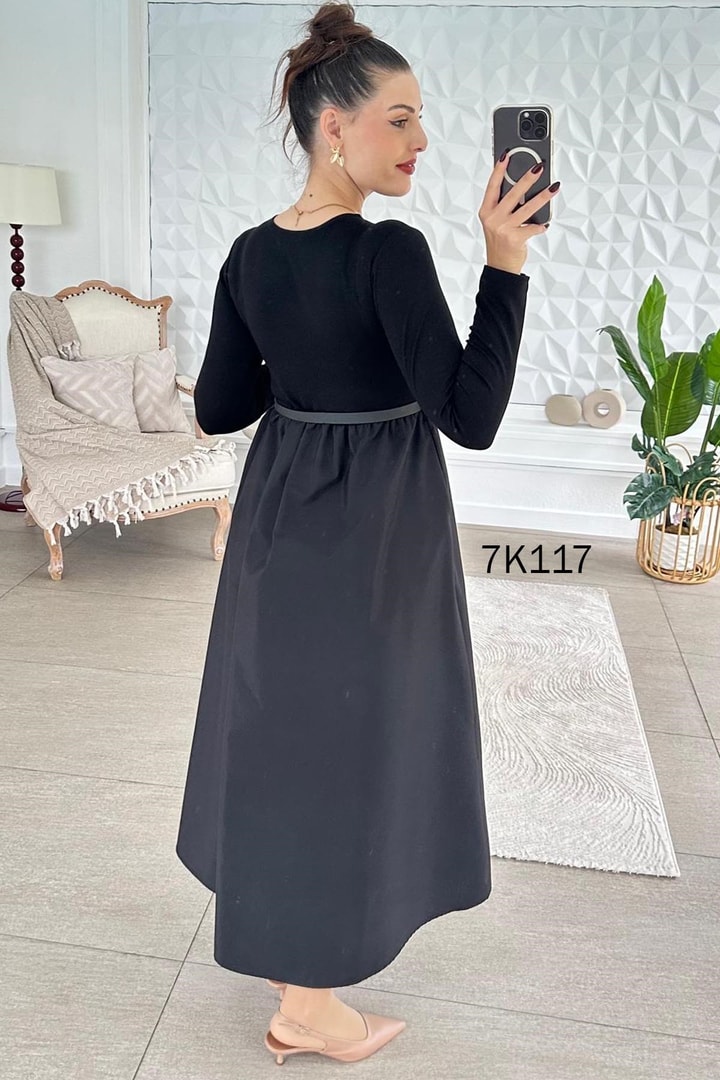 Poplin Garnili Kemerli Modal Elbise