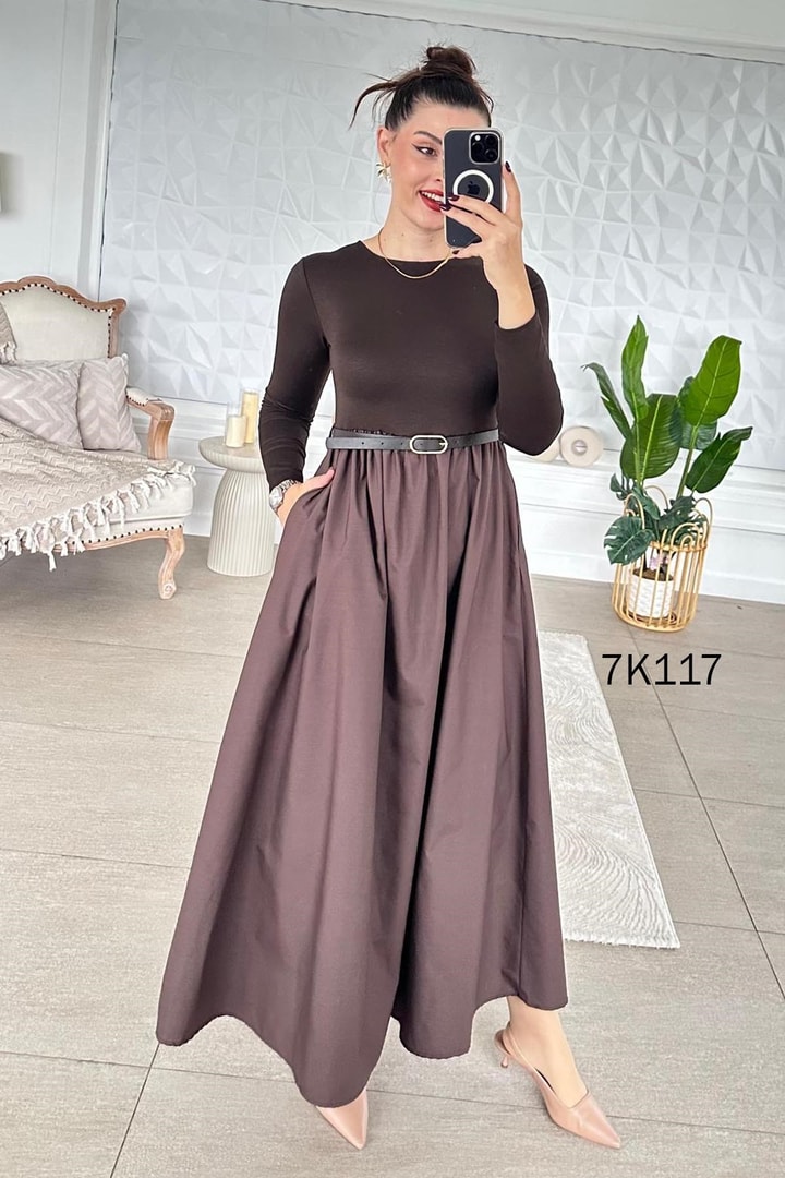 Poplin Garnili Kemerli Modal Elbise