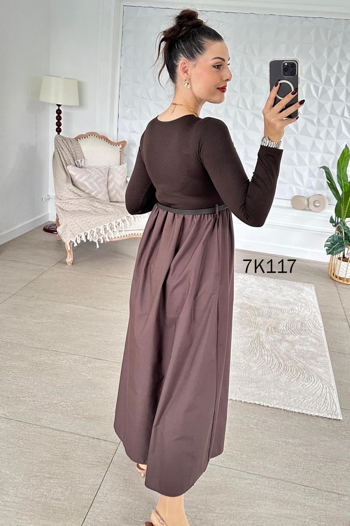 Poplin Garnili Kemerli Modal Elbise