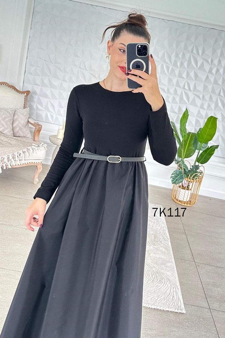Poplin Garnili Kemerli Modal Elbise