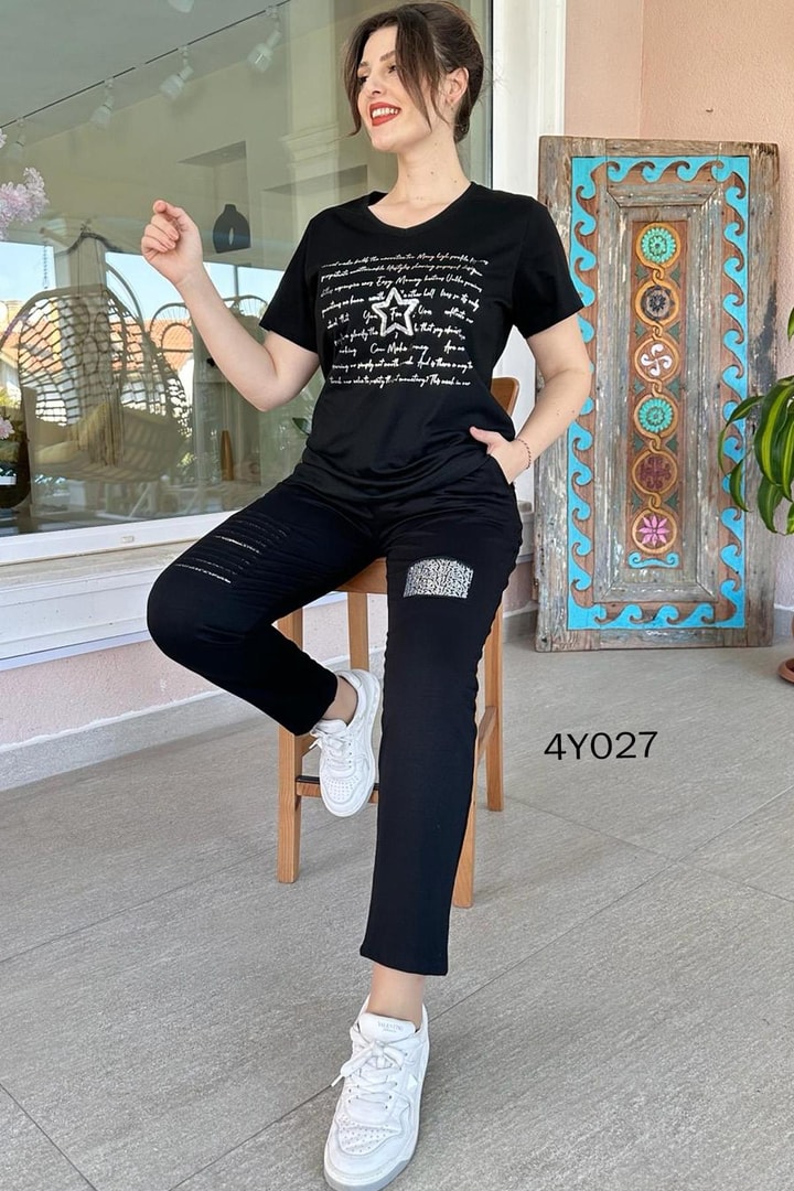 Pul Detay Yıldız Baskılı Pamuk 2 li Takım