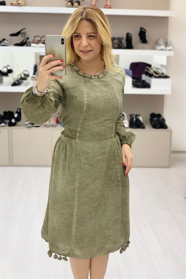 Resvina- Keten Nakış İşleme Diz Altı Elbise