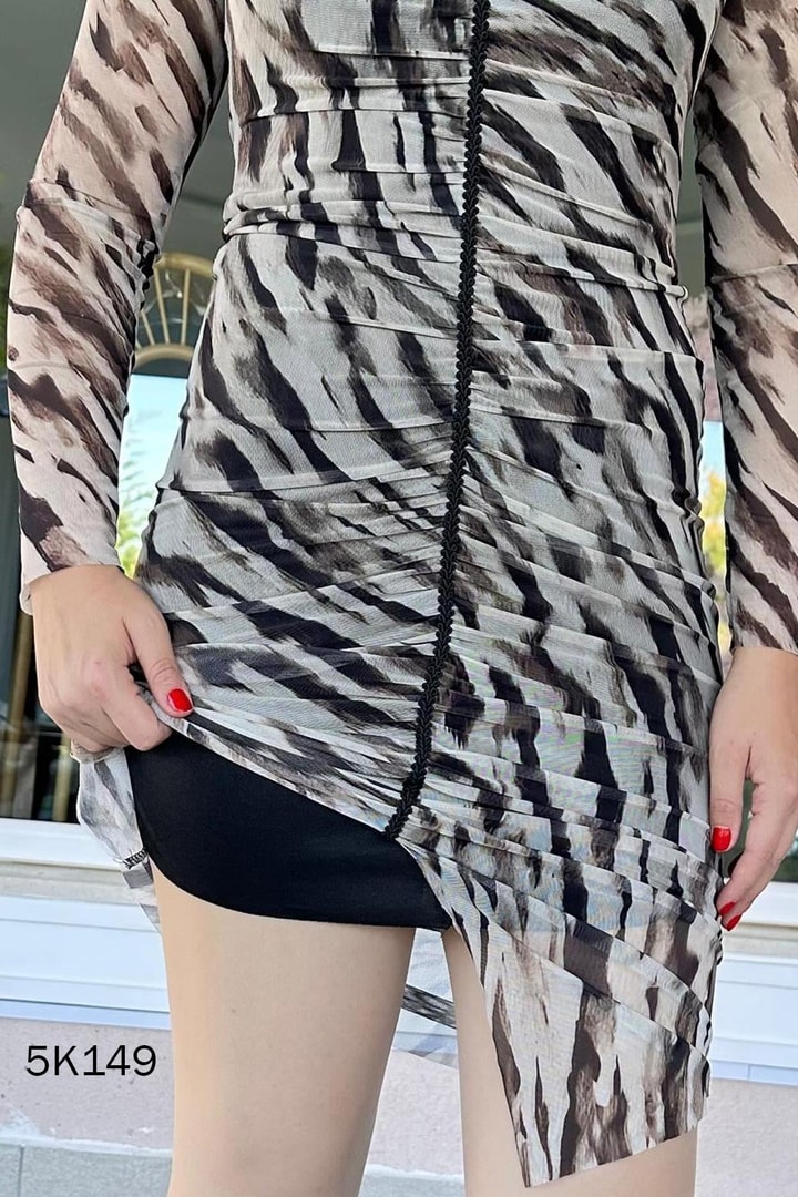 Şerit Detay Büzgülü Tül Elbise