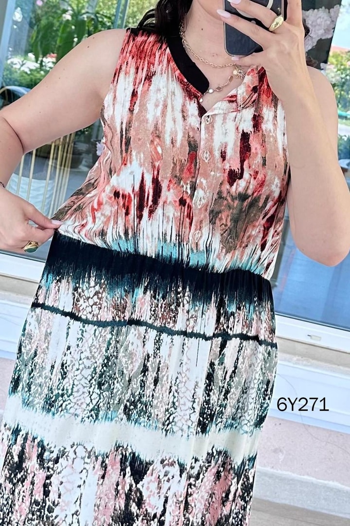 Sıfır Kol Beli Lastikli Viskon Elbise