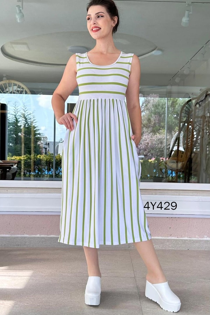 Sıfır Kol Çizgili Viskon Elbise