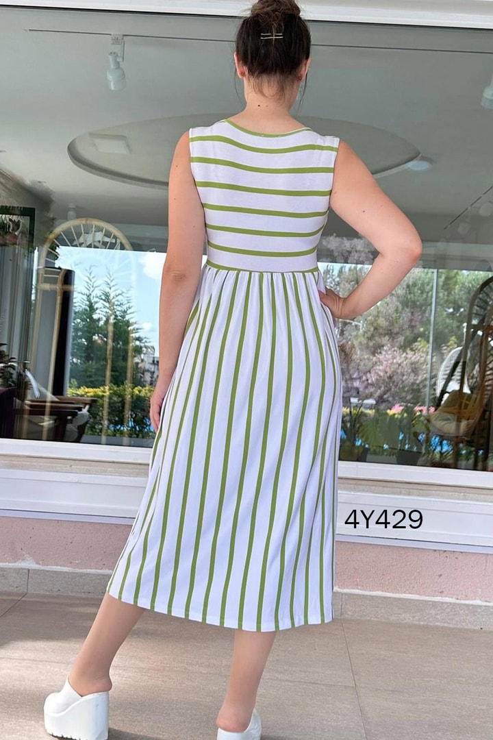 Sıfır Kol Çizgili Viskon Elbise