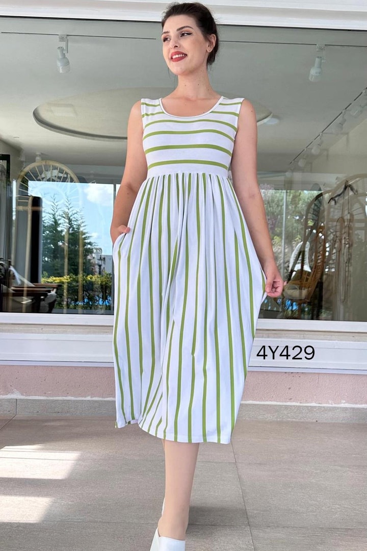 Sıfır Kol Çizgili Viskon Elbise