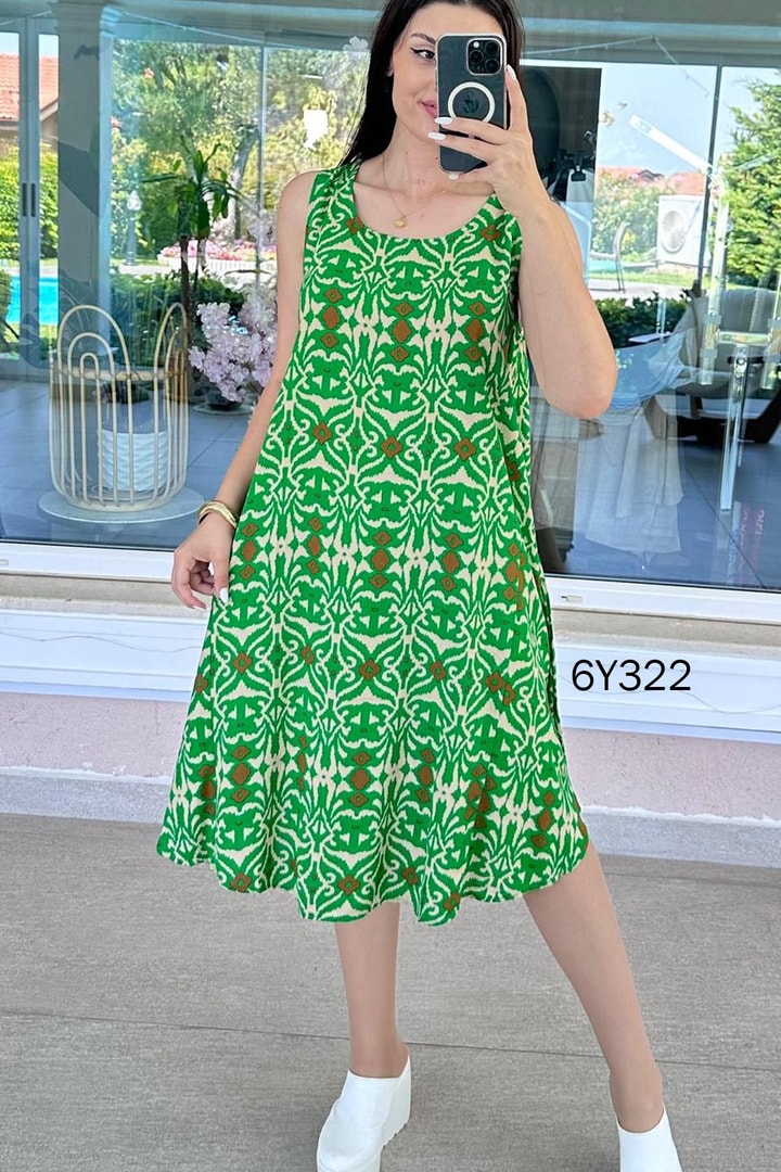 Sıfır Kol Desenli Viskon Elbise