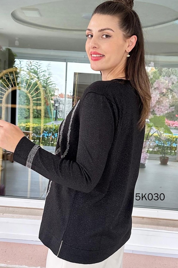 Su Yolu Desenli Taş Detay Simli Triko Bluz