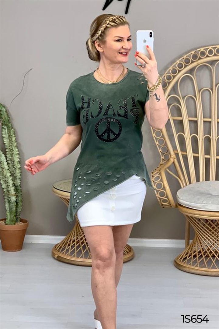 Taş Baskılı Asimetrik Kesim Tshirt