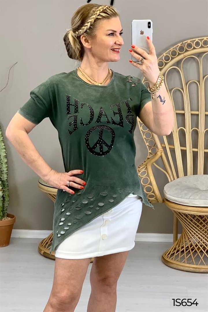 Taş Baskılı Asimetrik Kesim Tshirt