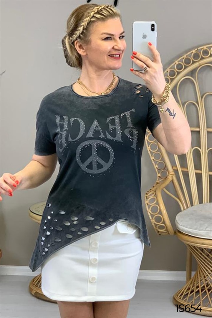 Taş Baskılı Asimetrik Kesim Tshirt