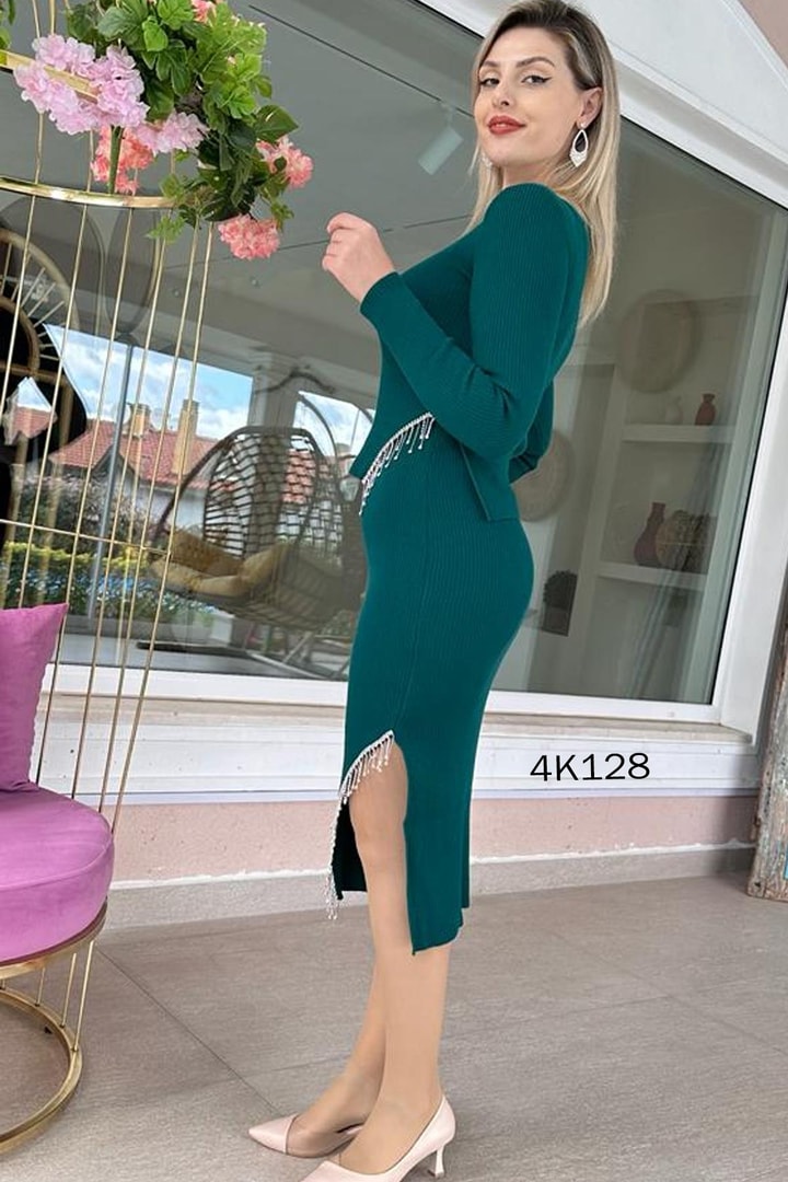Taş Detay Etekli Triko Takım
