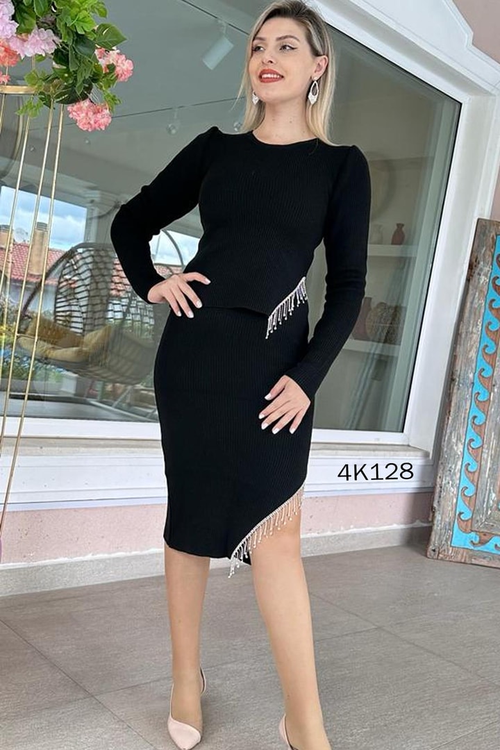 Taş Detay Etekli Triko Takım