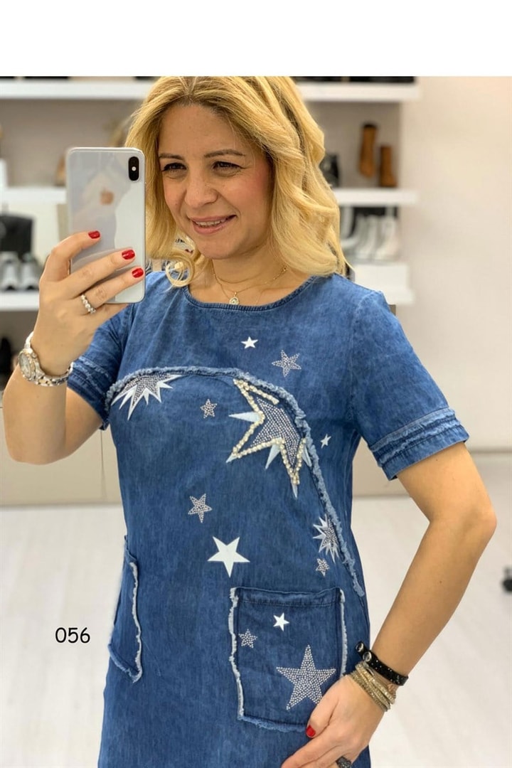 Taş Detay Kot Elbise