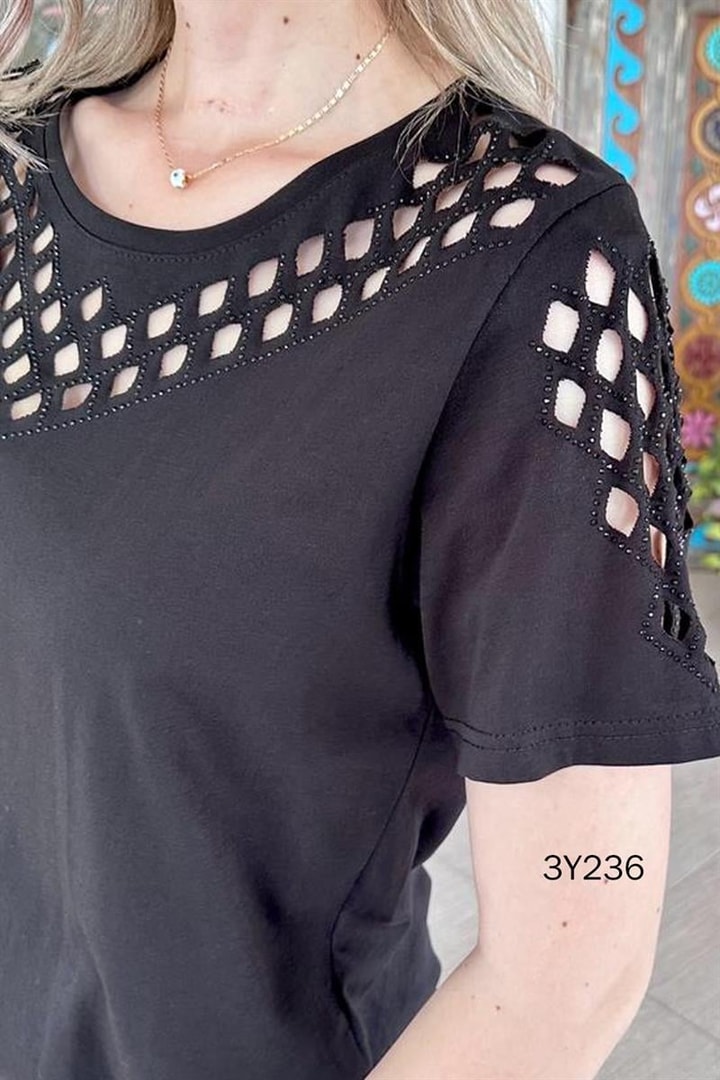 Taş İşlemeli Lazer Kesim Tshirt