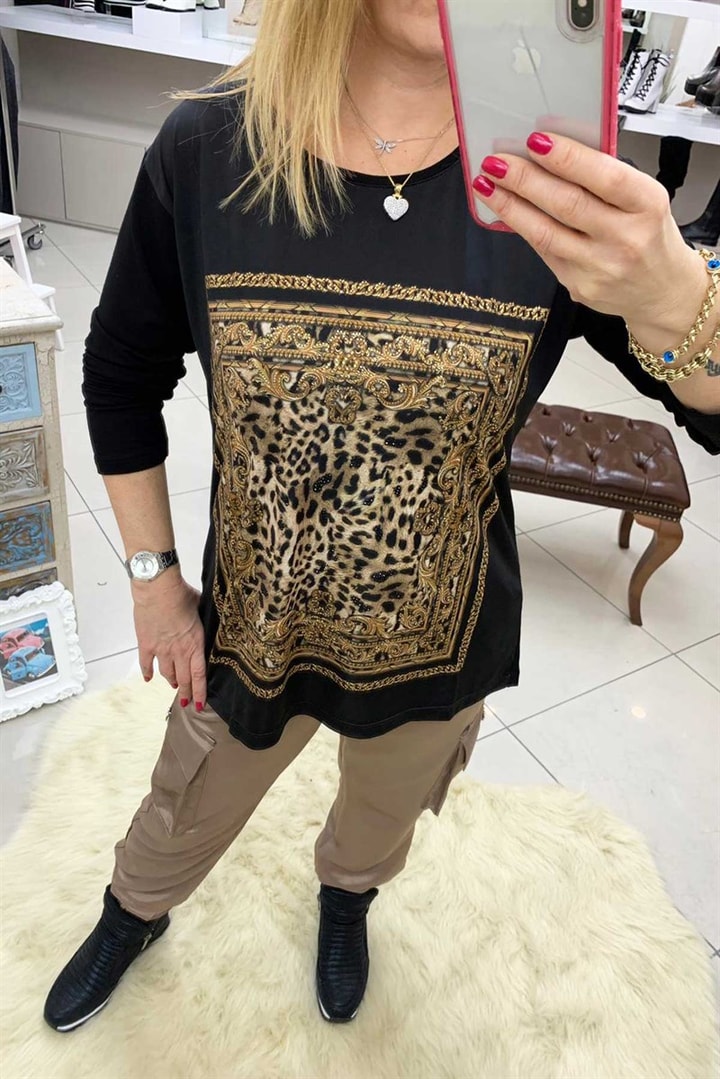 Taş İşlemeli Leopar Bluz