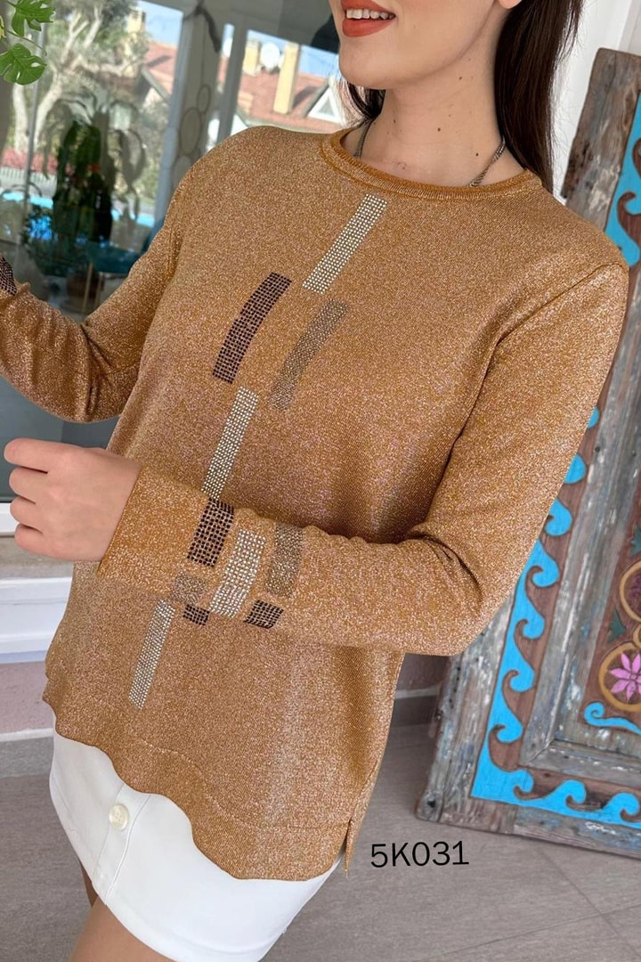 Taş İşlemeli Simli Triko Bluz