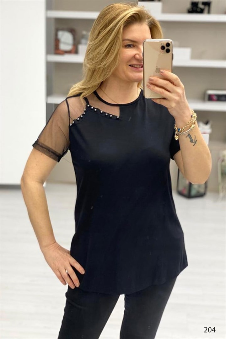Tek Omuzlu Tüllü Bluz