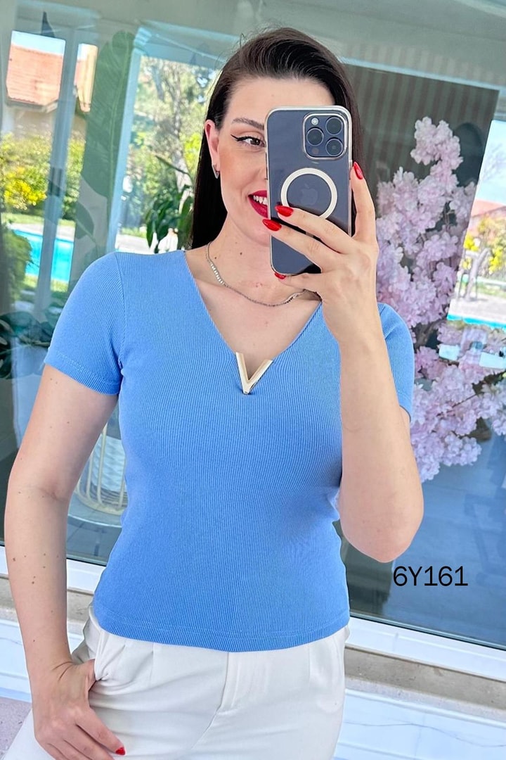 V Tokalı Fitilli Kaşkorse Tshirt