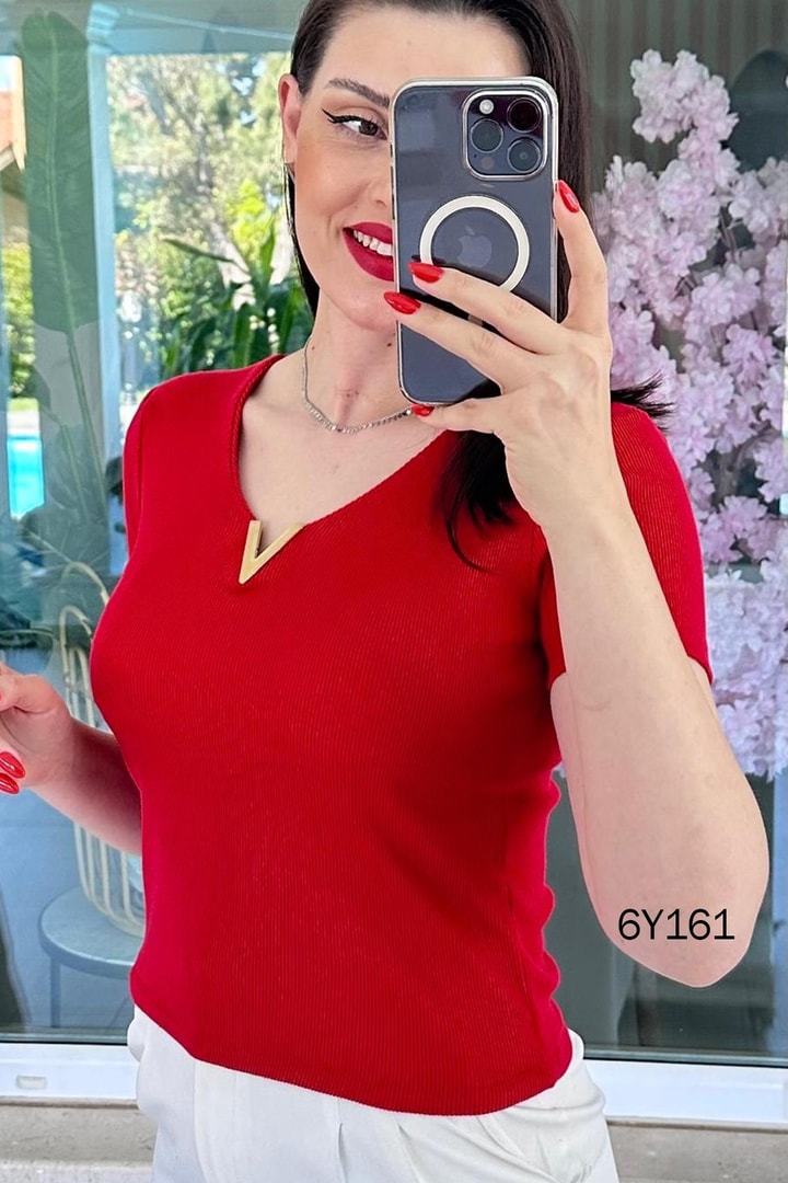 V Tokalı Fitilli Kaşkorse Tshirt