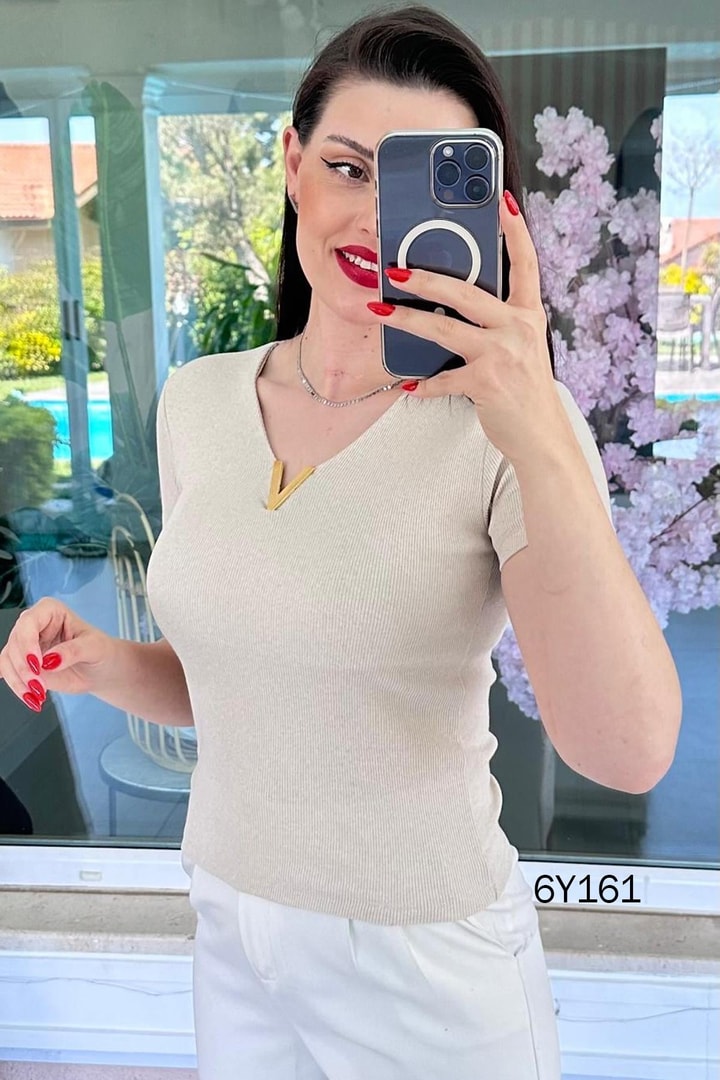V Tokalı Fitilli Kaşkorse Tshirt