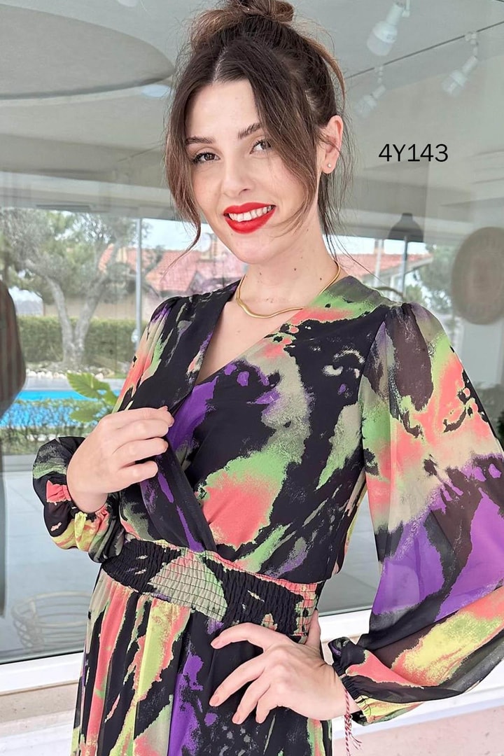 V Yaka Beli Lastikli Multi Şifon Elbise