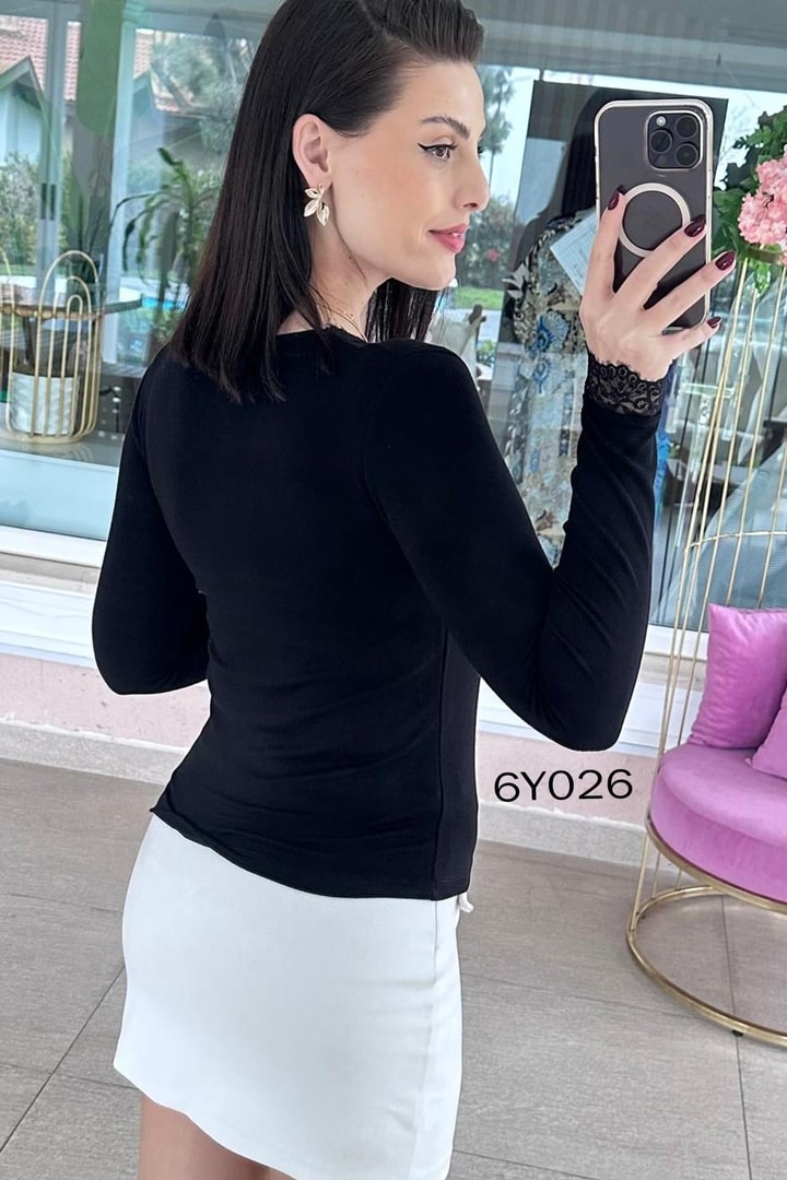 V Yaka Dantel Garnili Viskon Penye Bluz