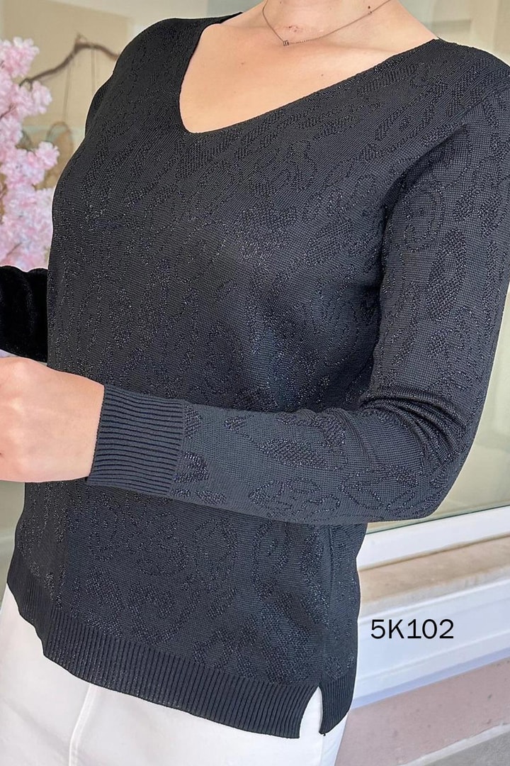 V Yaka Desenli Simli Triko Bluz