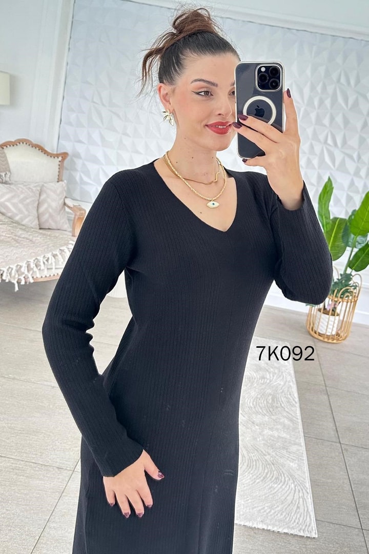 V Yaka Fitilli Crospan Triko Elbise