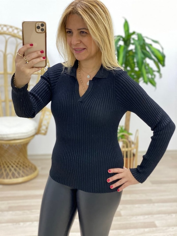 V Yaka Fitilli Triko Bluz